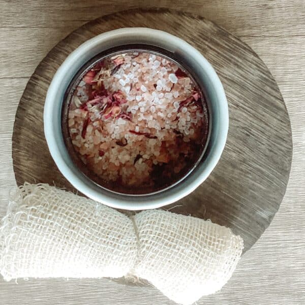 pink bath salts with rose geranium essential oil blend